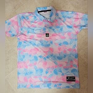 Out of Bounds Golf Polo Shirt Mens Sz L OB Logo Hawaii Performance Pink Blue EUC